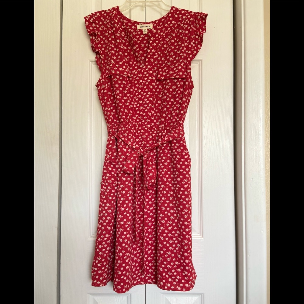 Monteau Red Dress with Small White Flowers (Tag says L but fits like size S)